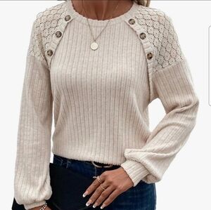 Women Large Long sleeve lace patchwork ribbed knit top cream Light Beige Sweater
